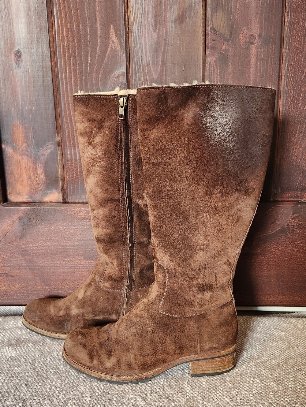 Ugg Broome Tall Brown Suede Leather Wool Lined Sherpa Zip Y2k Boots 5518, Sz 8.5